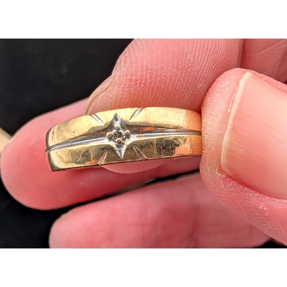 Mens 14K Yellow Gold Star Set Accent Two Tone Band Ring Size 8.25 - Picture 6 of 8